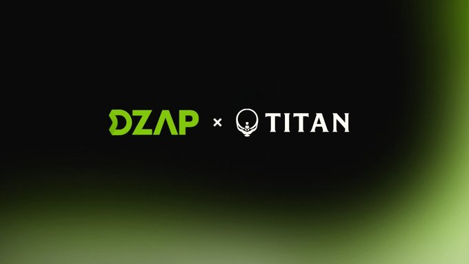 Logo banner displaying "DZAP × TITAN" with the DZAP logo in green and TITAN logo in white against a dark background with green gradients.