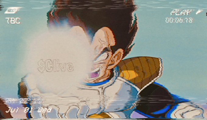 A retro-style anime scene of a character with spiky black hair shouting an attack named 'SHINE' as displayed on the screen. The footage has a VHS distortion effect with TBC and PLAY text overlays.