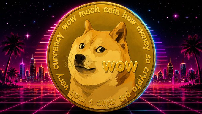 A golden Dogecoin coin featuring the iconic Shiba Inu is displayed against a vibrant neon cityscape with palm trees, with "WOW" prominently in the center and surrounding text reading "much coin," "how money," "so crypto," "much currency," "very," and "plz mine." The 1980s synthwave aesthetic visually reinforces Dogecoin's meme-driven, internet culture roots that have fueled its popularity in the crypto space.