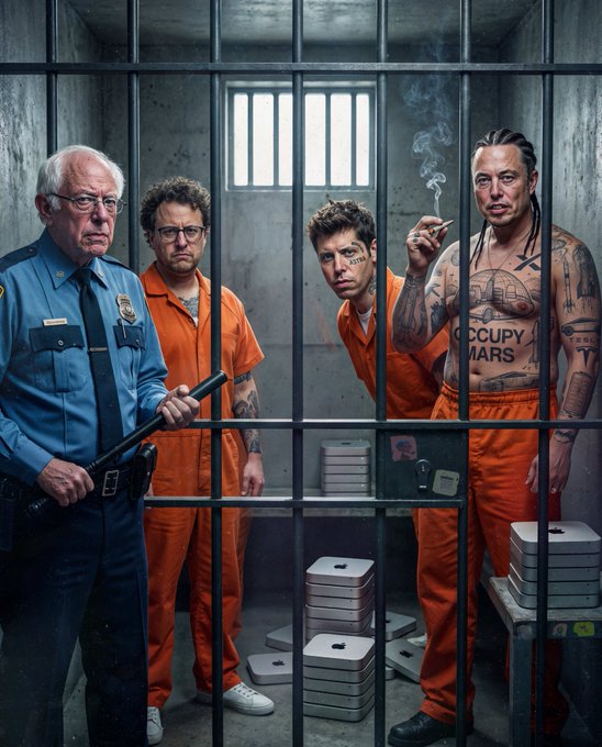 A satirical AI-generated illustration showing a prison cell with bars containing figures resembling Elon Musk (with 'OCCUPY MARS' tattoo), Mark Zuckerberg, and Sam Altman in orange jumpsuits, alongside a police officer and stacks of hardware.