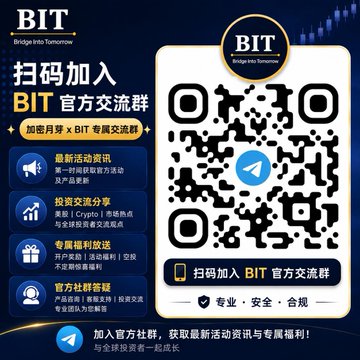 A promotional graphic for 'BIT' (Bridge into Tomorrow) features a large QR code and Chinese text inviting users to join the official Telegram group, with icons highlighting benefits like market news and exclusive perks.