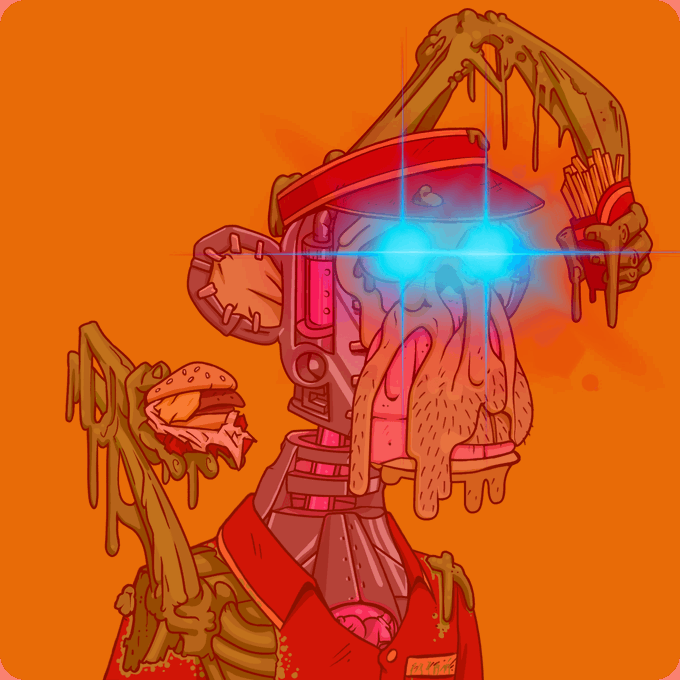 A digital illustration depicts a grotesque, surreal character with a bacon-like face, a fast-food visor, glowing blue eyes, and a skeletal body holding a burger and fries, set against an orange background.
