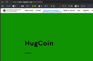 A screenshot of a color registry website showing "HugCoin" listed under the color #129303 (a shade of green), connecting to the post's reference about HuggingFace CEO Clement Delangue discovering an Easter egg linking the Nvidia acquisition amount (129303) to this specific shade of green.