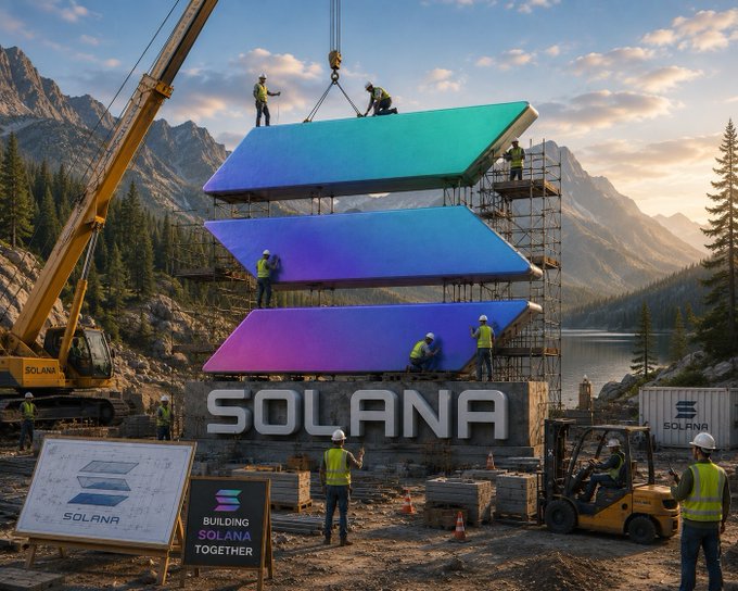 Digital artwork depicting construction workers assembling large purple-and-blue Solana logo blocks on scaffolding, with a crane, a 'SOLANA' sign, and a 'BUILDING SOLANA TOGETHER' placard set against a mountainous landscape.