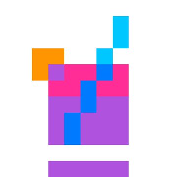 A minimalist geometric illustration of a colorful Tetris-like or pixelated figure composed of orange, pink, purple, and blue squares.