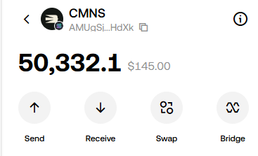 A mobile cryptocurrency wallet screen showing an account named 'CMNS' with an address starting 'AMUqSi..HdXk' holding a balance of 50,332.1 valued at $145.00, with options for Send, Receive, Swap, and Bridge.