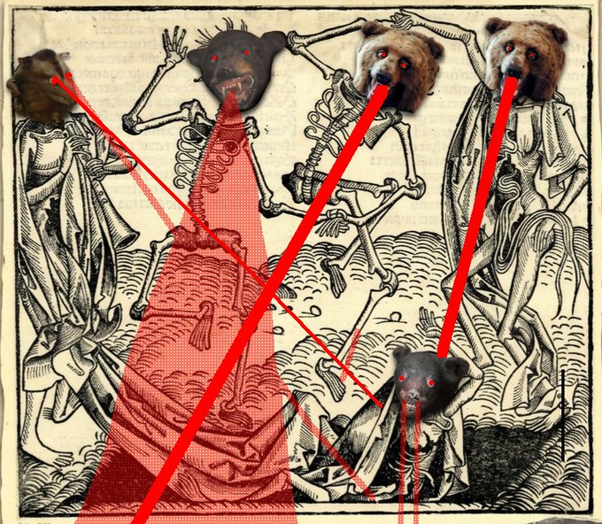 A medieval woodcut depicting the "Dance of Death" has been altered with photographic animal heads—two bears, two black bears—and red laser-beam eyes projecting downward, creating a surreal apocalyptic scene that fits the post's "ATL Carnage" theme about minting artwork on the Tezos-based Teia NFT platform.
