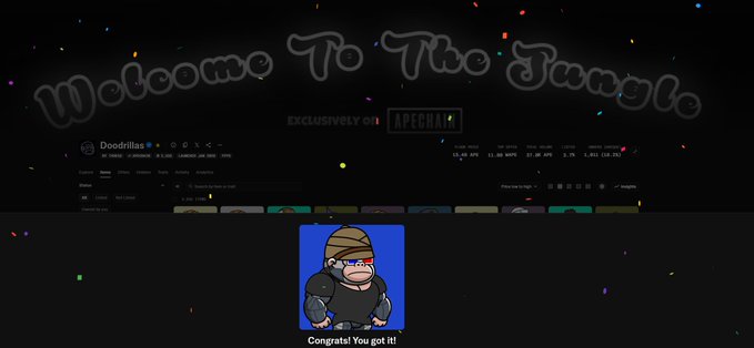 Screenshot of a webpage titled "Welcome To The Jungle" with "EXCLUSIVELY ON APECHAIN" visible, showing a profile for "Doodles" collection with a cartoon character image and text "Congrats! You got It!"