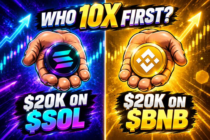 A promotional graphic titled 'WHO 10X FIRST?' compares $20K investments in $SOL (Solana) versus $BNB (Binance Coin), showing hands holding each cryptocurrency's logo against colorful chart backgrounds.