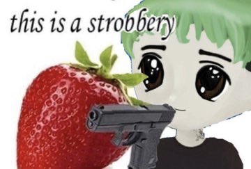 The image shows an anime-style character with green hair holding a gun to a strawberry, with the text "this is a stroberry" — a meme mocking those who can't tell the difference between "strawberry" and "strobbery." It satirizes the "mental illness became cool" internet trend referenced in the post about $cult and $eth crypto communities.