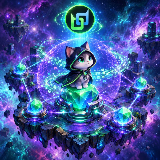 A digital illustration of a cat in a hooded cloak sitting on a glowing green crystal, surrounded by floating islands and a neon 'U' logo in the sky.