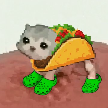 Pixel art illustration of a small grey cat wearing a hard-shell taco costume with lettuce and tomatoes, paired with green Crocs shoes.