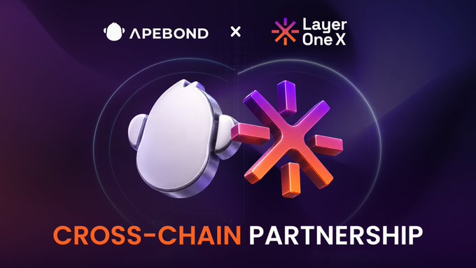 A promotional graphic announcing a 'CROSS-CHAIN PARTNERSHIP' between 'APEBOND' and 'Layer One X', featuring their respective 3D logos.