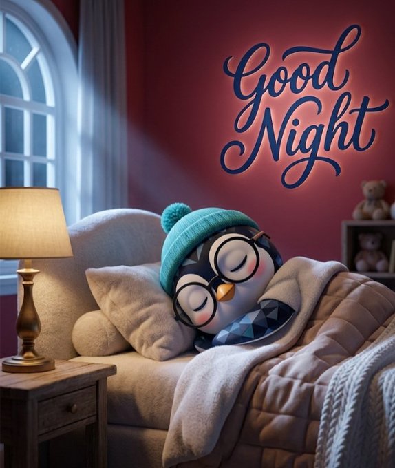 A digital illustration of a cute penguin wearing a teal beanie and glasses, sleeping in a bed under a beige blanket, with the text 'Good Night' written in blue cursive.