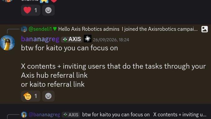 A screenshot of a Discord chat in the Axis Robotics server where user 'bananagreg' advises others on how to focus on the Kaito campaign via X contents and referrals.