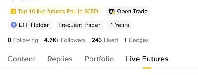 A social media profile page shows the user is a Top 10 live futures PnL holder in 365D, an ETH Holder, and Frequent Trader for 1 Year, with 4.7K+ followers.