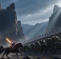 A small, dark, low-resolution image showing what appears to be a fantasy battle scene with silhouetted figures and a castle against a cloudy sky.