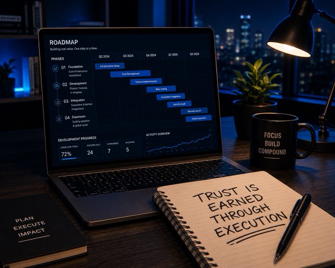 A laptop on a desk displays a project "ROADMAP" with phases and timelines, next to a notebook reading "TRUST IS EARNED THROUGH EXECUTION", a "FOCUS BUILD COMPOUND" mug, and another book reading "PLAN EXECUTE IMPACT".