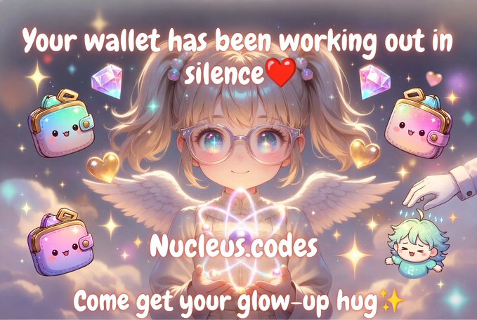 The image features a cartoon girl with glasses, who appears to be a character from an anime or video game. She has a wallet around her neck that says "Your wallet has been working out in silence." The background of the image includes various objects such as a handbag and a suitcase, which are also related to the post's content about the wallet.