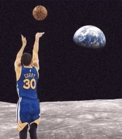 A digital artwork shows a basketball player in a blue 'CURRY 30' jersey shooting a ball on the surface of the moon, with planet Earth visible in the black sky.