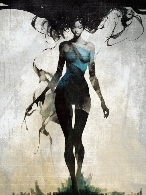 A dark, atmospheric digital painting of a female figure with flowing black hair, wearing a blue and black outfit, standing against a muted grey background.