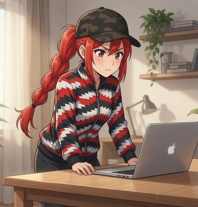 An anime-style illustration shows a red-haired girl with a long braid, wearing a camouflage cap and a red, white, and black patterned jacket, leaning over a desk while looking intently at a MacBook laptop in a sunlit room.