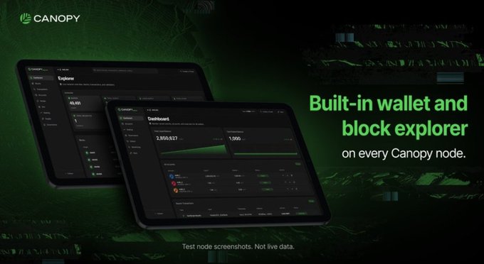 A promotional graphic for Canopy (CNPYNetwork) showcases two tablet displays featuring a dark-themed dashboard interface labeled "Dashboard" with metrics like "2,800,627" and "1,060," alongside an "Explore" screen showing "40,105," set against a green leafy background. Bold text reads "Built-in wallet and block explorer on every Canopy node," directly supporting the post's emphasis on the integrated tools that come with running a Canopy node.