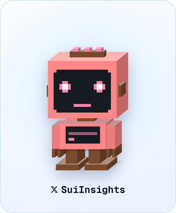A pink, blocky voxel-style robot character with pixelated eyes stands on a white background above the text 'SuiInsights' and an X logo.