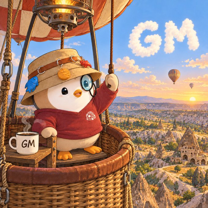 A digital illustration of a cute penguin character wearing a safari hat and red sweater, sitting in a hot air balloon basket with a 'GM' coffee mug, set against a scenic landscape with the sun rising.