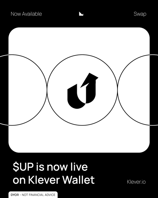 The image features a poster for a cryptocurrency called $UP, which has been described as "the wait is over" and now available for swap. The poster includes three circles with a stylized black border each containing an upward-pointing arrow symbolizing progress or success in this particular area of cryptocurrency exchange. The background color of the image is black, but there's white text overlaying it to help make the details stand out clearly. There are no other objects or actions depicted in the image, so our focus remains solely on the poster and its content related to $UP and the swap process.