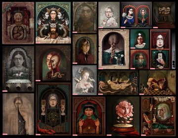 A collage of sold artworks by the artist Gn My, showcasing dark, surreal portraits and figurative compositions in rich reds, blacks, and muted tones, contrasted against their last available piece priced at 0.10 ETH. The image visually emphasizes the scarcity of remaining work, with the post linking to the lone unsold piece.