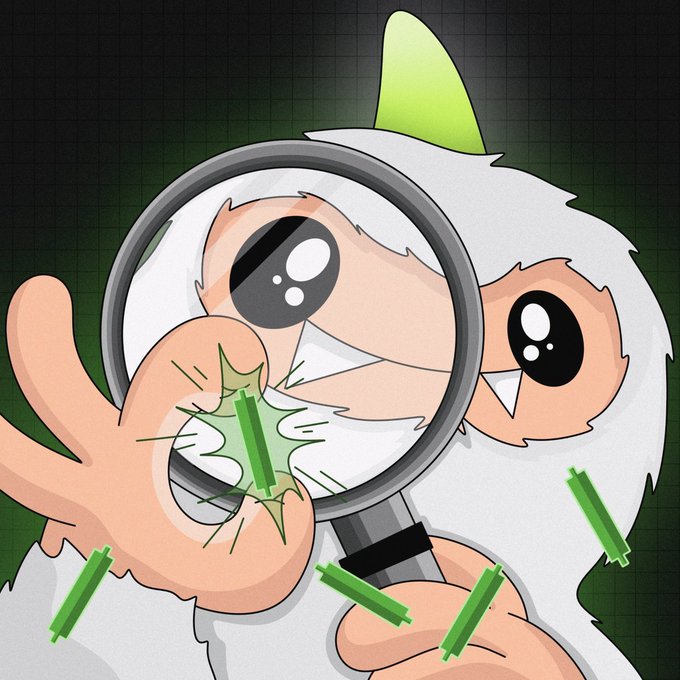 A cartoon fluffy white creature with a yellow horn uses a magnifying glass to closely inspect a green pill, with more green pills scattered around it, symbolizing skepticism toward an investment opportunity. The image relates to the post by visually questioning the legitimacy of "BulkSOL yield" claims, suggesting the high returns may be too good to be true, like a suspicious substance needing closer examination.