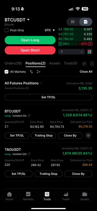A cryptocurrency trading app screenshot showing open positions for BTCUSDT and TAOUSDT with significant unrealized P&L losses (-14.85% and -35.94% respectively).