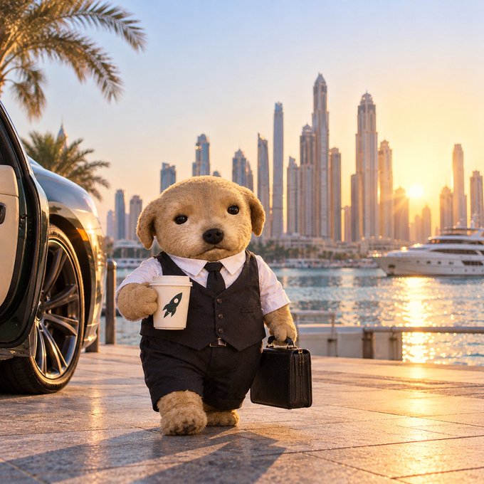 A digitally created image of a small tan dog dressed in a business suit and tie, holding a briefcase and a coffee cup with a rocket logo, walking past a luxury car with a city skyline and yachts in the background.