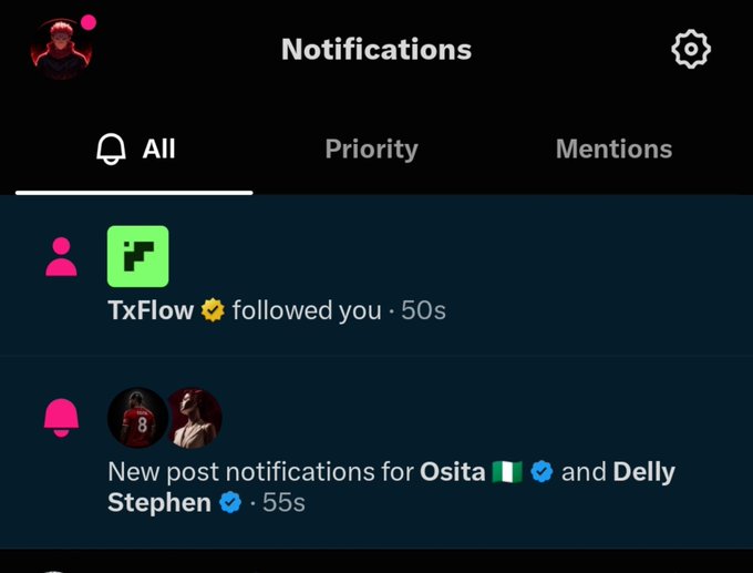 A dark-themed social media 'Notifications' screen showing 'TxFlow followed you · 50s' and 'New post notifications for Osita 🇳🇬 and Delly Stephen ✓ · 55s'.