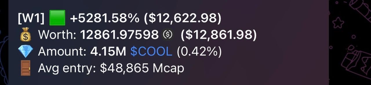 A dark-themed crypto portfolio dashboard shows a token [W1] with a +5281.58% gain worth $12,622.98, displaying holdings of 4.15M $COOL tokens (0.42% of supply) with an average entry market cap of $48,865, illustrating the impressive "early" returns the poster is celebrating in their message.