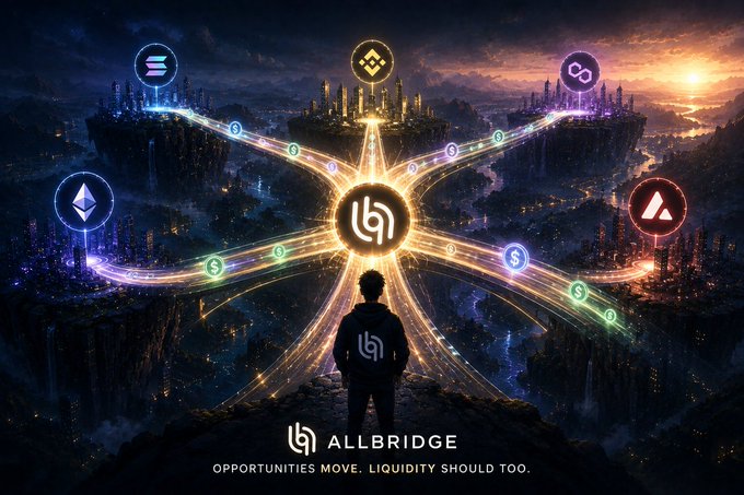 A promotional graphic for ALLBRIDGE featuring a silhouetted figure overlooking a glowing network of interconnected cities and cryptocurrency symbols, with the tagline 'OPPORTUNITIES MOVE. LIQUIDITY SHOULD TOO.'