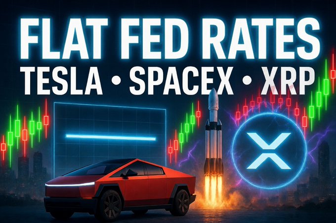 A promotional graphic reads 'FLAT FED RATES' with 'TESLA • SPACEX • XRP' below, showing a Tesla Cybertruck, a launching SpaceX rocket, the XRP logo, and a stock chart background.