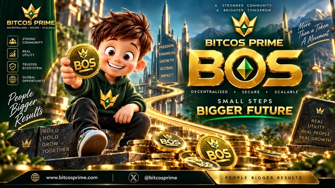A promotional banner for "BITCOS PRIME" featuring a young boy holding a gold "BOS" coin, with text including "DECENTRALIZED • SECURE • SCALABLE," "SMALL STEPS BIGGER FUTURE," and "www.bitcosprime.com @bitcosprime."