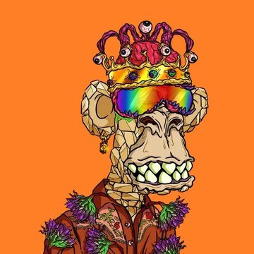 A colorful illustration of a skeletal figure wearing a golden crown and rainbow sunglasses on an orange background.