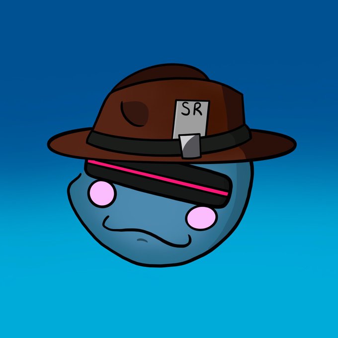 A cartoon illustration of a round blue character wearing a brown ranger-style hat with an 'SR' badge and pink glowing eyes on a black background.