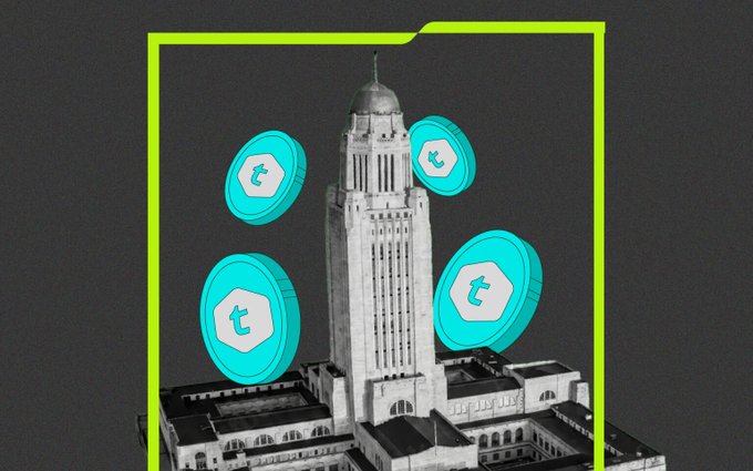 The image features a large white building with a dome at its center, surrounded by four blue circles that are floating above it. The building has a clock tower on top, adding an architectural element to the scene. The text "Something significant just happened in crypto banking" is written below the building and the clock tower, suggesting a connection between the building's design and recent developments in the world of cryptocurrency.