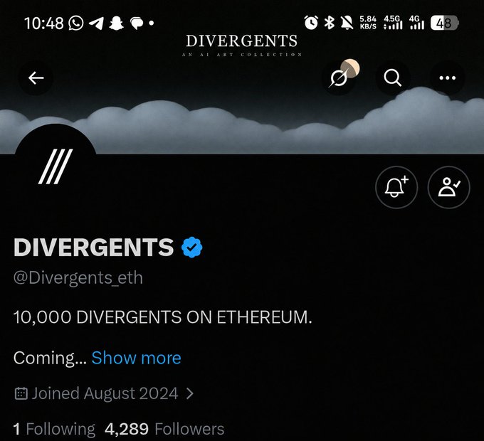 A Twitter/X profile page for DIVERGENTS (@Divergents_eth), described as an AI art collection of 10,000 pieces on Ethereum, joined August 2024 with 4,289 followers.