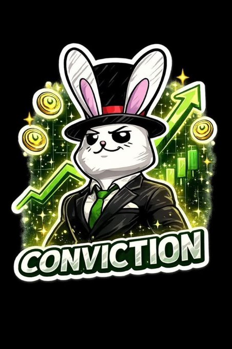 A sticker-style illustration of a confident white rabbit in a black top hat and green tie, surrounded by gold coins and a rising green chart, labeled 'CONVICTION'.