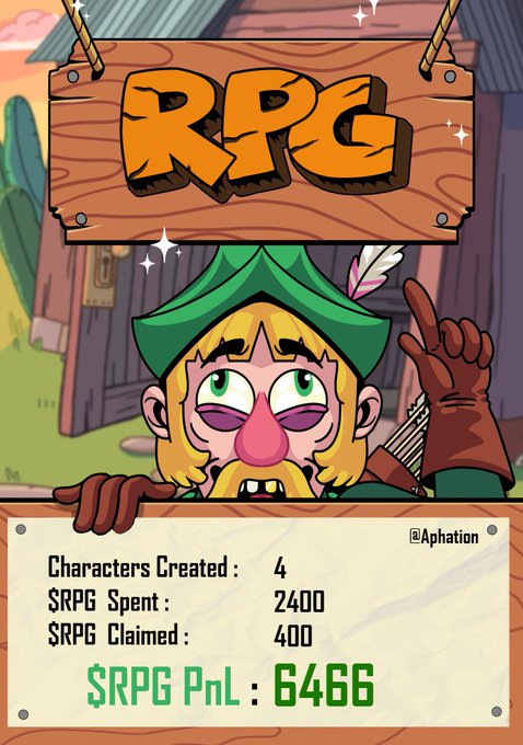 An illustration of an RPG character holding a wooden 'RPG' sign, with text below showing 'Characters Created: 4', '$RPG Spent: 2400', '$RPG Claimed: 400', and '$RPG PnL: 6466'.