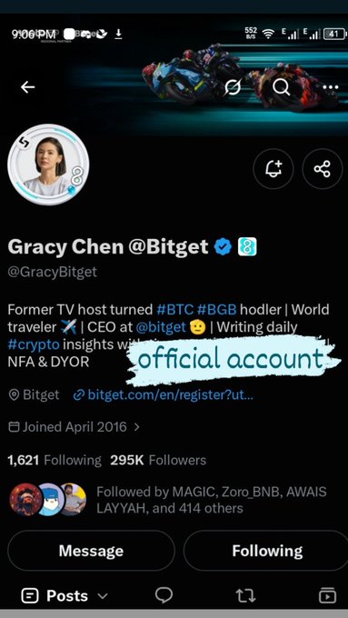 Twitter/X profile screenshot for Gracy Chen @Bitget @GracyBitget, identifying her as a former TV host turned #BTC #BGB hodler and CEO at @bitget, with 'official account' handwritten in blue.