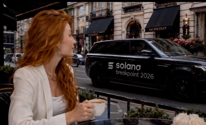 A red-haired woman drinks coffee at a sidewalk café as a black Range Rover with 'solana breakpoint 2026' branding passes by on a London street.