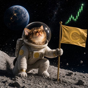 A digital artwork of a tabby cat in an astronaut suit on the moon holding a gold flag with a 'C' logo, with Earth and a green rising stock chart visible in the space background.