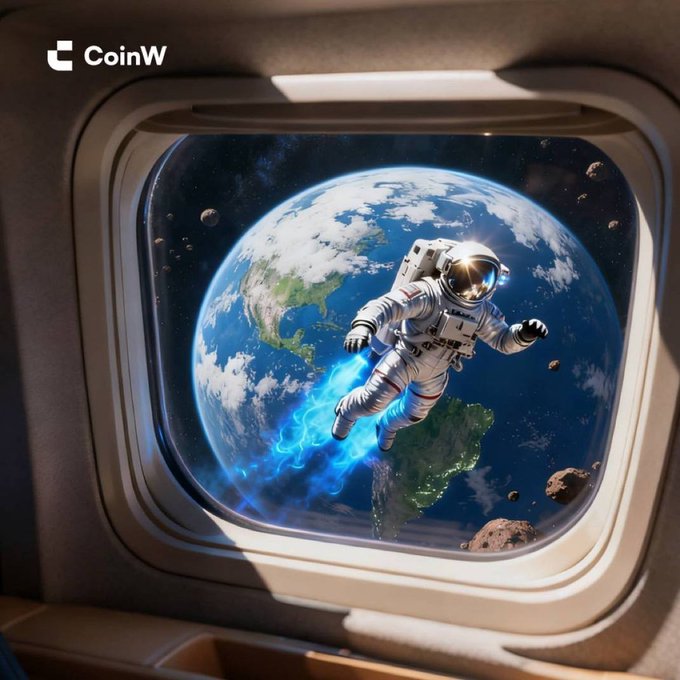 An astronaut floats through space with Earth visible behind them, viewed through a spacecraft window, with the "CoinW" logo in the top-left corner—fittingly paired with "GM" (Good Morning) as a cosmic dawn greeting.