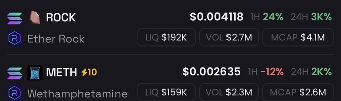 The image displays two cryptocurrency listings: "ROCK" (Ether Rock) priced at $0.004118 with a 24% 1-hour increase and $4.1M market cap, and "METH" (Wethamphetamine) priced at $0.002635 with a -12% 1-hour change and $2.6M market cap. The meme-style names like "Ether Rock" and "Wethamphetamine" visually illustrate the post's complaint about copycat tokens and KOLs launching "vamp" (vampire) coins that dilute liquidity from successful original projects on Solana.